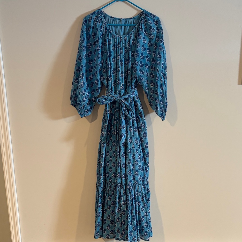 Emerson Fry Organic Cotton Blue Block Print Tie Long Sleeve Maxi Dress